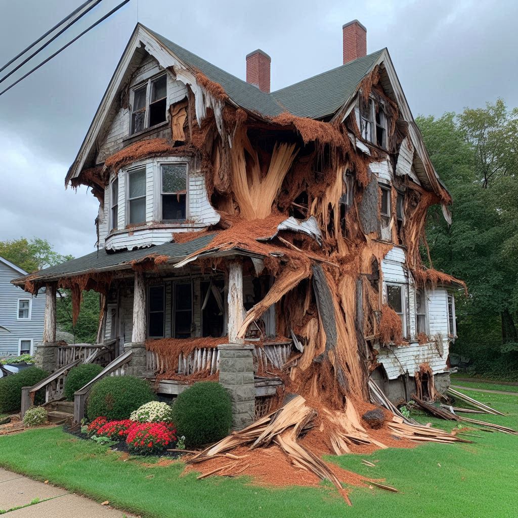 Damaged tree on an Newtonville home showing signs of disease and decay